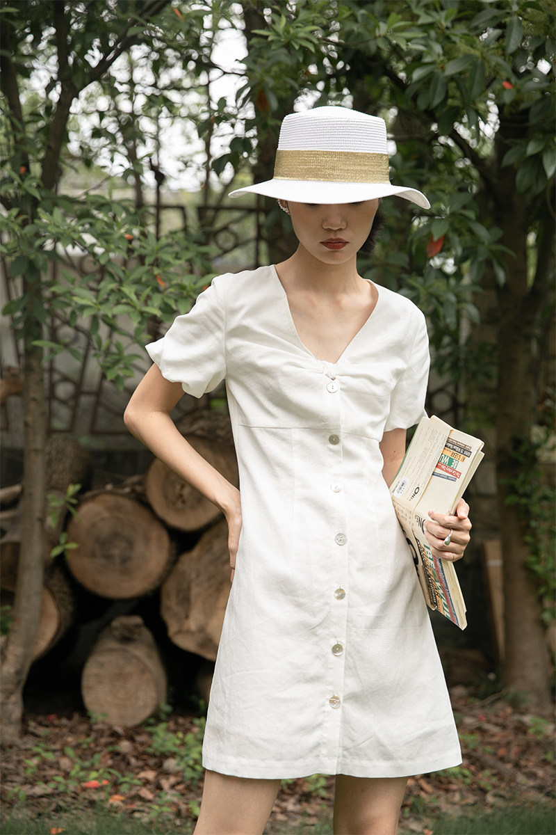 SoLighter cotton linen dress summer V collar French retro temperament high waist long version bubble sleeve A- line dress