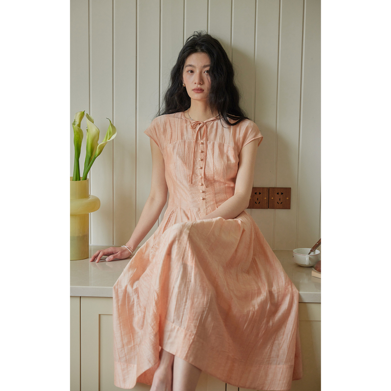Solighter French-Style Pink Lyocell V-Neck Lace-Up Dress Summer 2026 New Slimming Waist-Cinching Long Dress