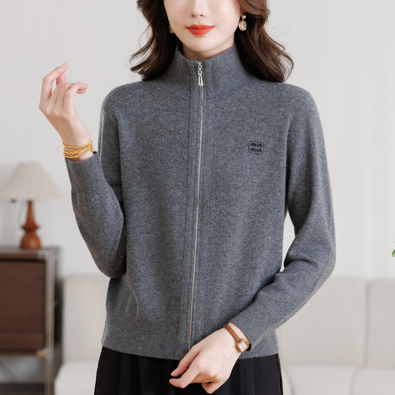 Merino Fine-Spun Ultra-Fine Wool Cardigan for Women with Stand Collar, 2025 New Style, Double Zipper Outer Sweater, Mom-Style Coat