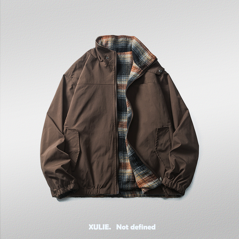 American-Style Reversible Stand-Collar Harrington Plaid Jacket for Men and Women, Spring and Autumn Trendy Brand Cotton Coat, Cleanfit Short Jacket
