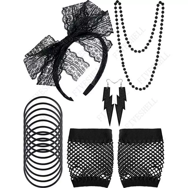 [80s Лейсы/40? Lace Headband Neon Earrings Fishnet Gloves Necklace Sili]