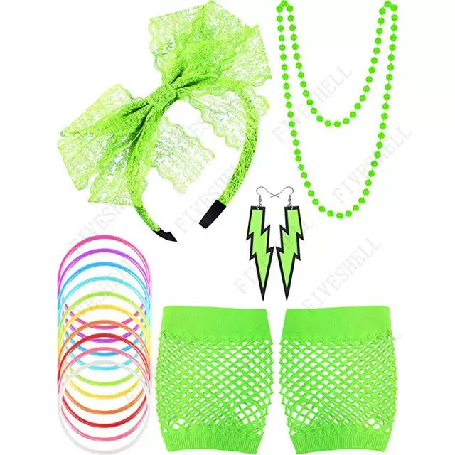 [80s Лейсы/40? Lace Headband Neon Earrings Fishnet Gloves Necklace Sili]