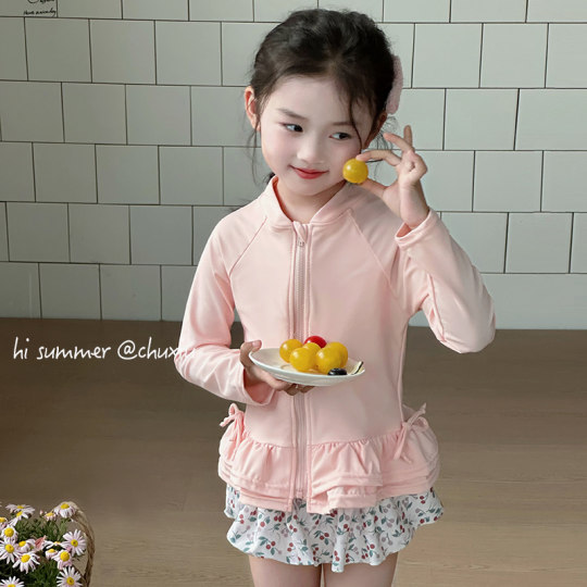 Girls' long-sleeved split zipper quick-drying swimsuit for young sleeves