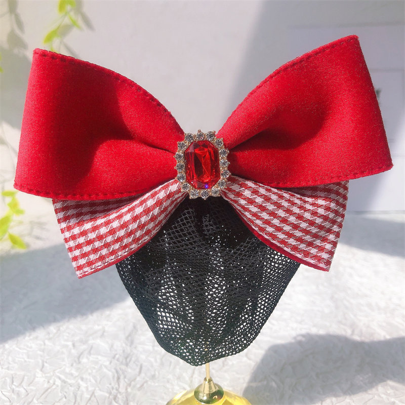 High End Wine Red Plaid Velvet Butterfly Knot Children Dancing Hair Accessories Girl Princess Pellet Head Decorated Disc Hair Net Pocket