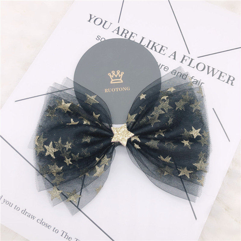 Korean children's big bow hairclip Super fairy beauty side clip girl hair jewelry Princess headdress five-pointed star mesh multi-layer