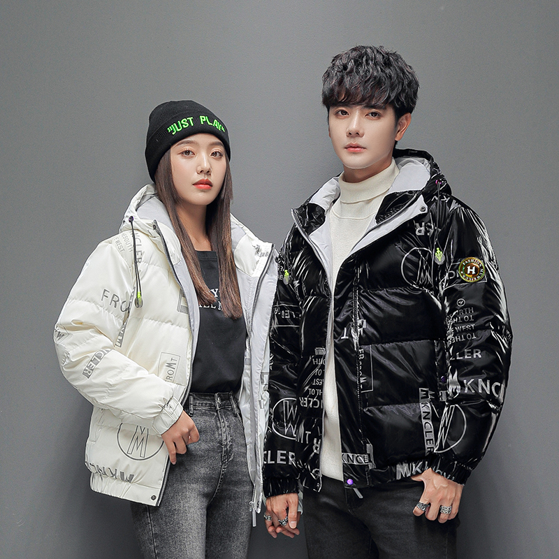 Winter Printed Glossy Fashion down Jacket for Men and Women, Couple Style, Short Loose Fit, Men's Trendy Brand Warm Coat with White Duck down