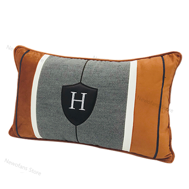 European-style modern minimalist designer H pillow plush leather embroidery cushion model room pillow waist pillow with core