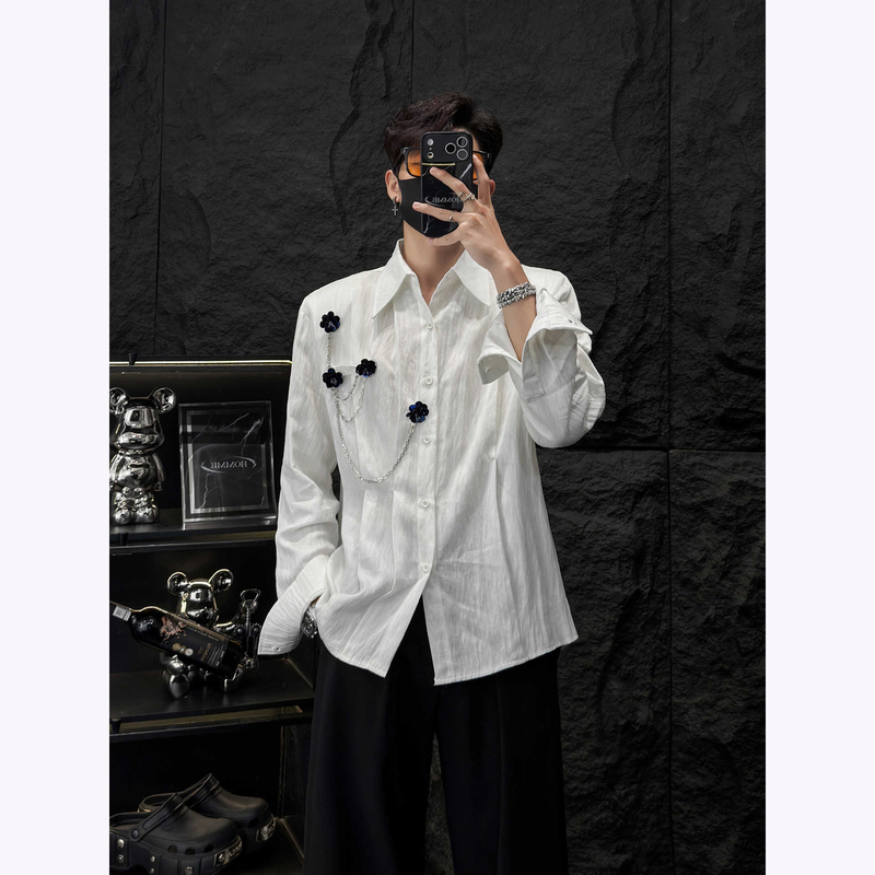 Early Autumn Rose Chain Design Long-Sleeve Shirt for Men, Slim Fit Top with Unique Design, Trendy Shirt Jacket Early Autumn Rose Chain Design Long-Sleeve Shirt for Men, Slim Fit Top with Unique Design, Trendy Shirt Jacket