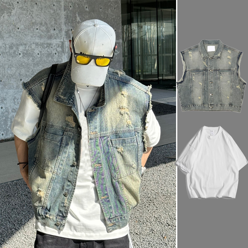 Vintage Washed American High Street Style Ripped Short Denim Vest for Men, Spring and Summer Trendy Sleeveless Jacket Vintage Washed American High Street Style Ripped Short Denim Vest for Men, Spring and Summer Trendy Sleeveless Jacket