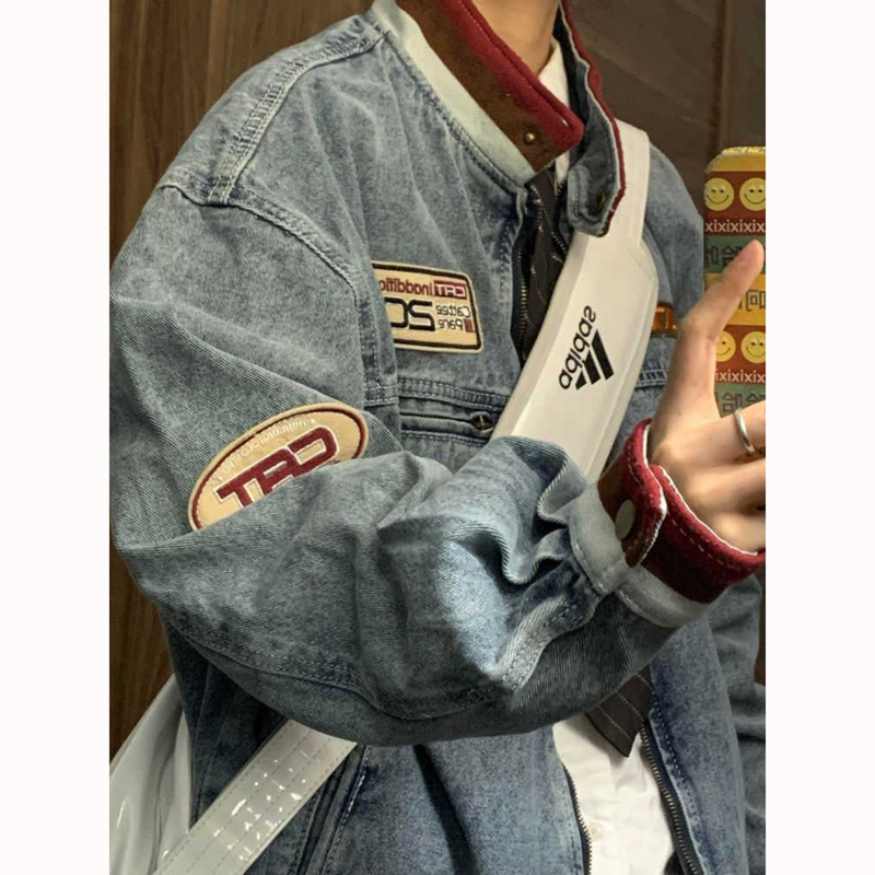 American Retro Color-Blocking Stand-Collar Denim Jacket Trendy High Street Hip-Hop Denim Coat Men's Stylish Clothing American Retro Color-Blocking Stand-Collar Denim Jacket Trendy High Street Hip-Hop Denim Coat Men's Stylish Clothing