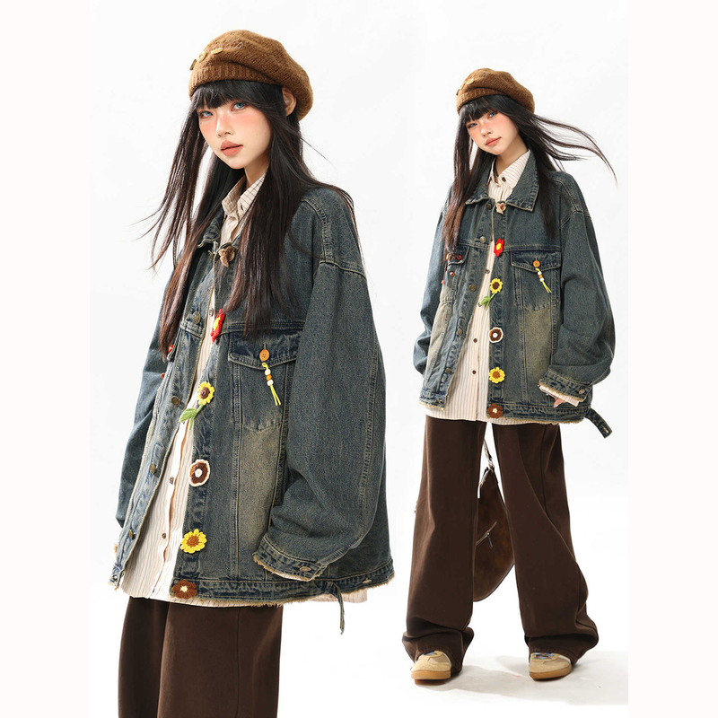 Autumn and Winter Retro Floral Button Denim Jacket for Men and Women, Loose-Fitting Niche Design, American High Street Style Jacket