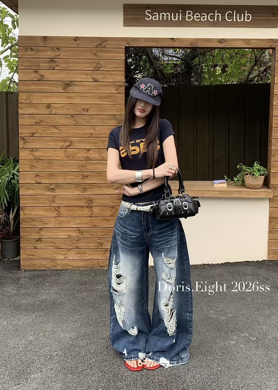 Doris Eight 2026 Summer New American Retro Ripped Straight-Leg Jeans for Women, Loose Wide-Leg Pants