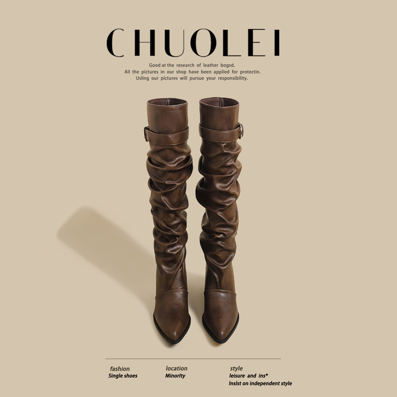 2026 Autumn New Popular Style Pleated Stacked Boots for Women, Chunky Heel High-Tube Riding Boots with Belt Buckle, Pointed Toe, Brown Long Boots 2026 Autumn New Popular Style Pleated Stacked Boots for Women, Chunky Heel High-Tube Riding Boots with Belt Buckle, Pointed Toe, Brown Long Boots
