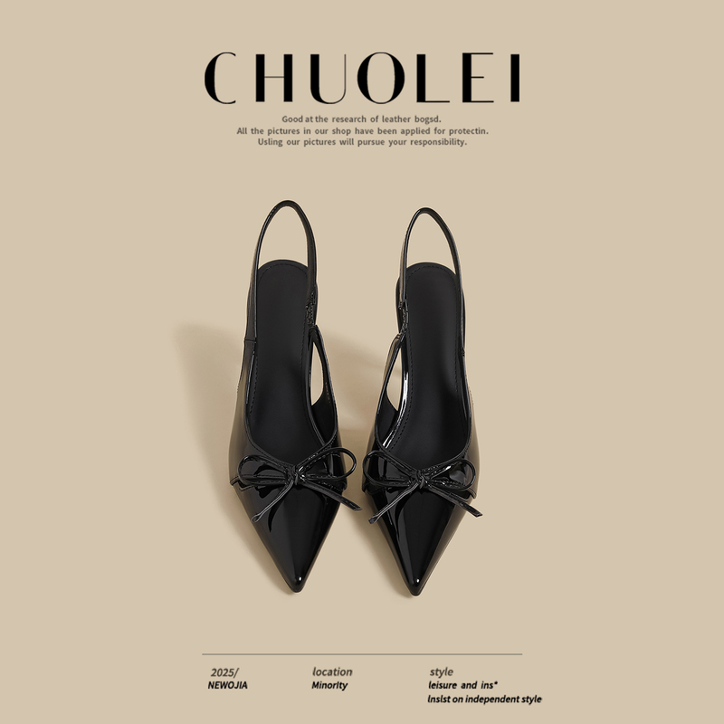 Summer New Style French Stiletto Toe-Cap Sandals for Women, Popular Black Bow Sexy Internet Celebrity High-Heeled Shallow Mouth Shoes