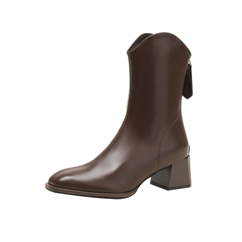 婥蕾 Martens, весенние демисезонные высокие коричневые короткие сапоги, из натуральной кожи, тренд сезона, французский стиль