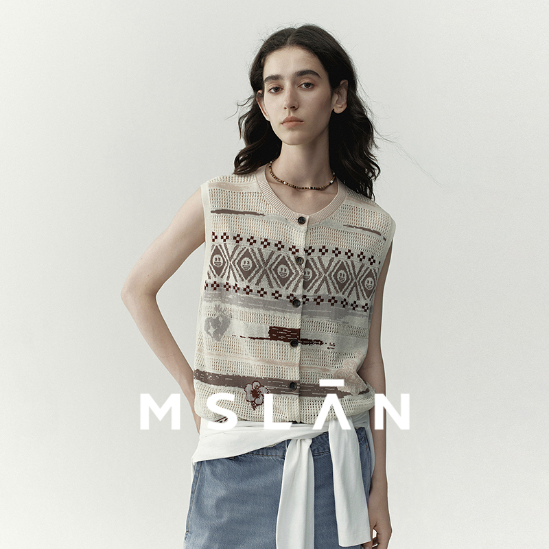 Mslanemoji Collaboration Irregular Striped Crew Neck Knit Vest Loose Hollow Breathable Layered Knit Tank Top