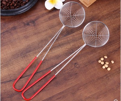 Stainless steel pearl milk tea colander red handle pearl powder round spoon hot pot spoon milk tea shop pearl colander
