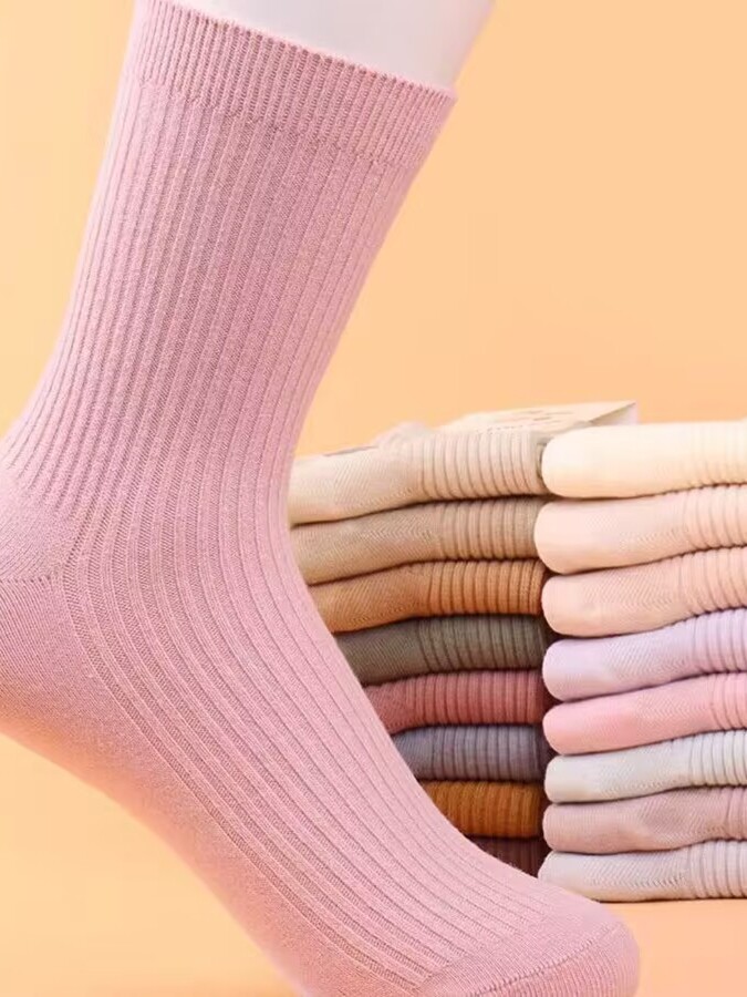 Korean Chinese tube socks for women solid color casual long waist vertical stripes piled with sweat-absorbing and odorproof spring and autumn style beautiful legs confinement