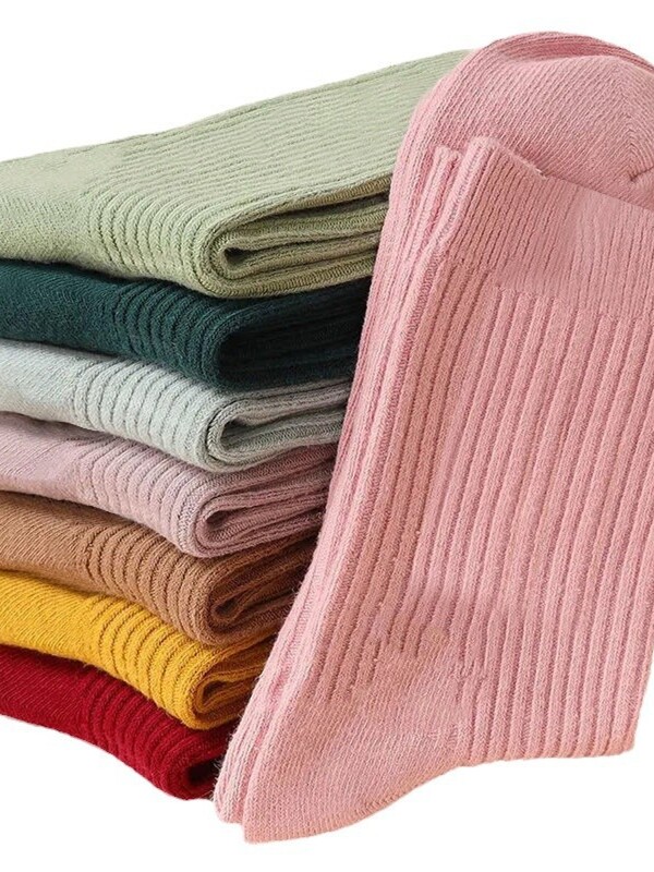 Korean Chinese tube socks for women solid color casual long waist vertical stripes piled with sweat-absorbing and odorproof spring and autumn style beautiful legs confinement