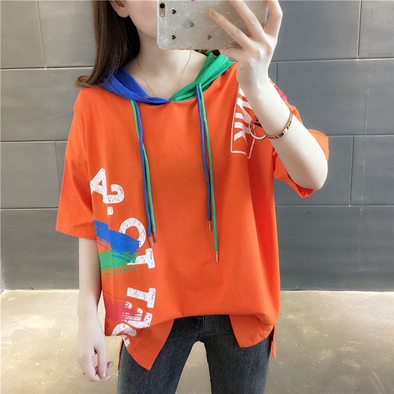 瓦熙连帽衫短袖t恤女2020新款涂鸦拼色