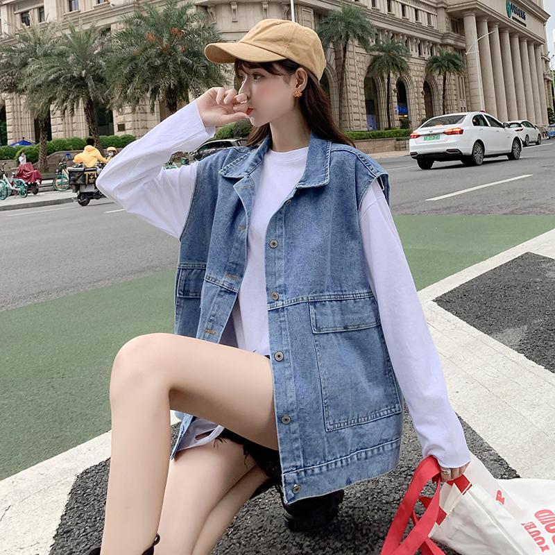 瓦熙春秋季工装无袖背心马夹宽松牛仔外套女