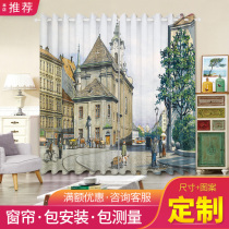 Customized personality European impression style architectural landscape oil painting study bedroom living room curtain fabric yarn semi-full shading