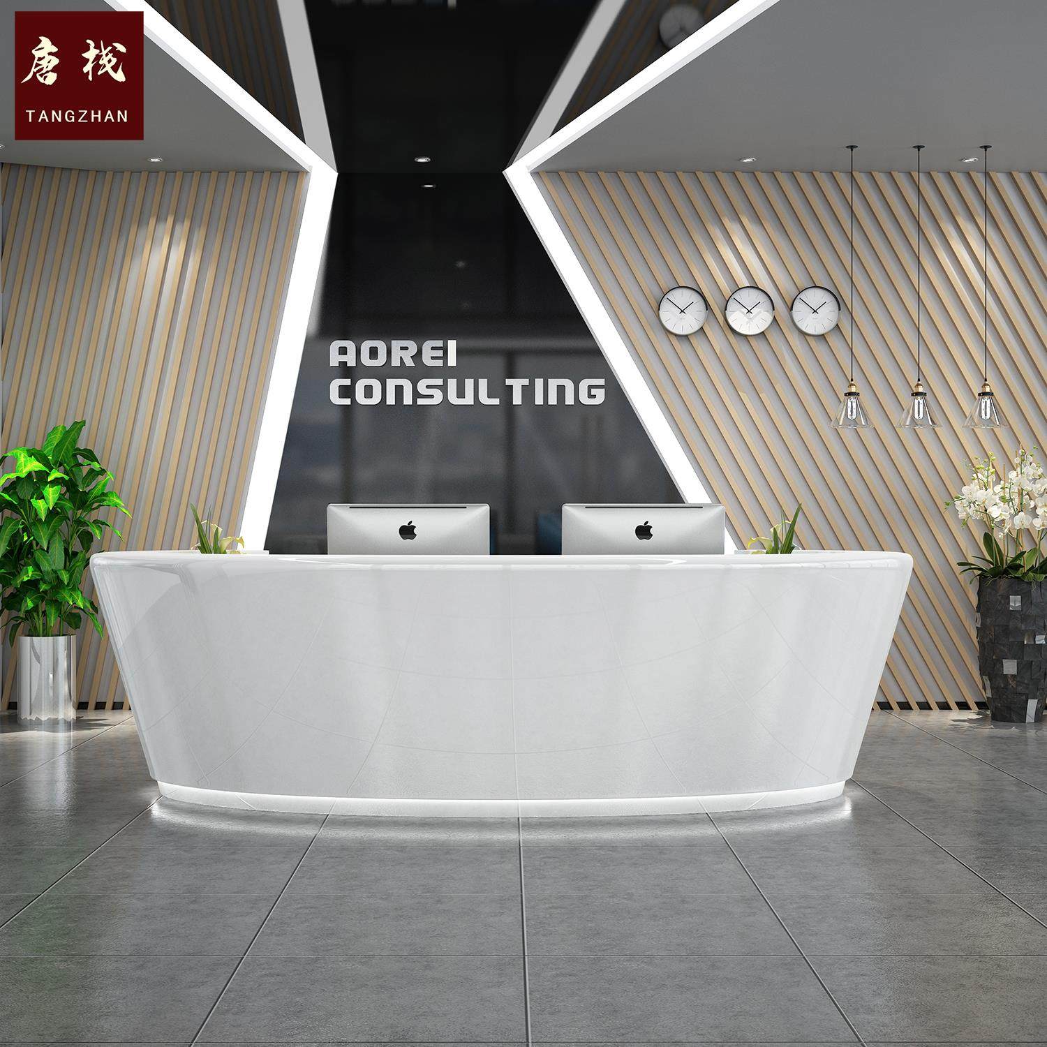 Guangzhou White Baking Varnish Front Desk Company Reception Desk Bar Table Beauty Salon Reception Desk Arc Front Desk Arched Front Desk Customised