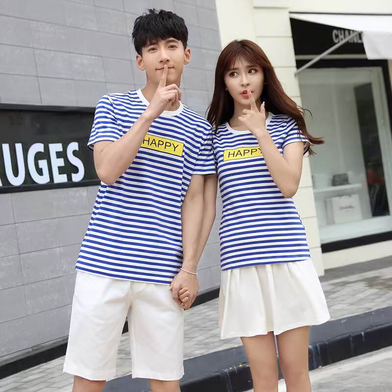 Váy cưới mùa hè 2018 mới áo thun nam quần short nam nữ váy tròn cổ phù hợp với sọc phiên bản Hàn Quốc của thủy triều bf - Vài đồ bơi đồ đôi đi biển nam nữ