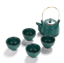 Retro green trumpet teapot Japanese kung fu tea set rough pottery one pot two cups four cups ceramic teapot