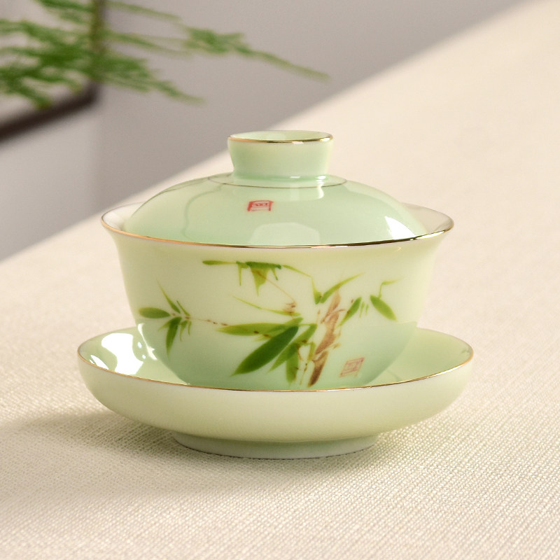 Craft single hand-drawn three to cover a bowl of ceramic tea bowl white porcelain kung fu tea set household tea cup