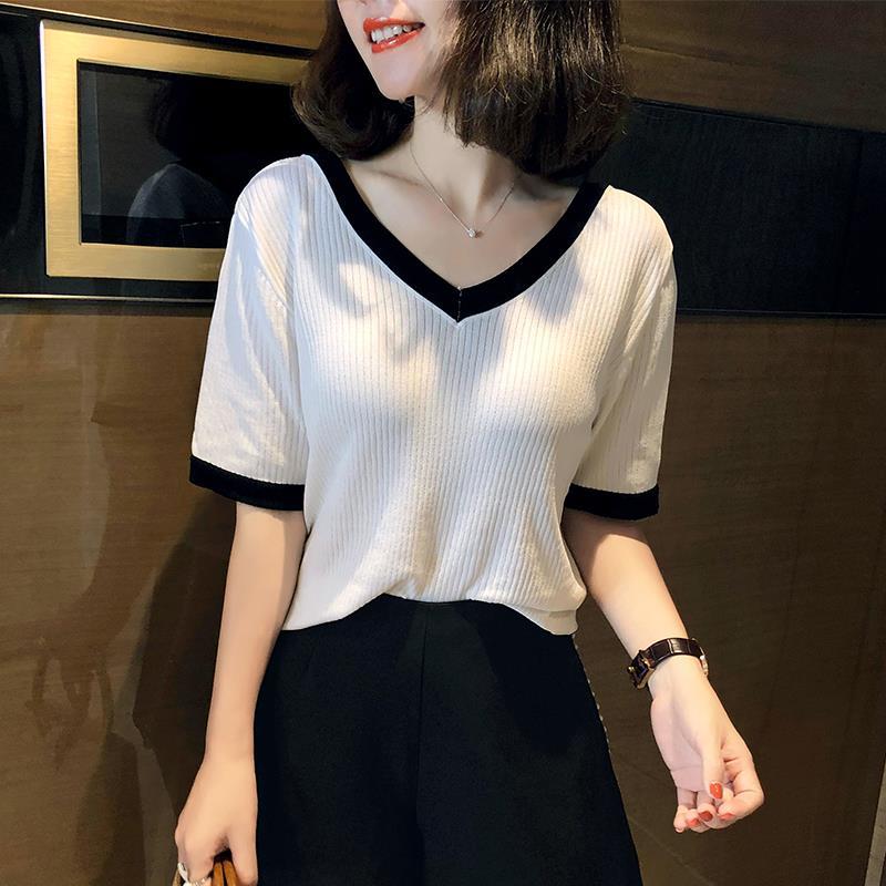 Mới 2020 mùa hè băng ngắn tay đan áo len lookth cơ thể mỏng la hét v-cổ t-shirt đầu