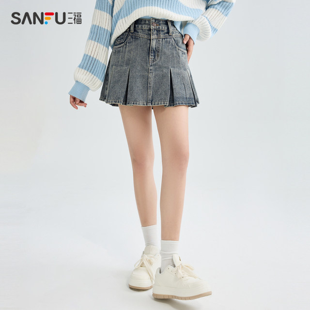 Sanfu short skirt 2024 new spring small high-waisted a-line denim pleated half-length skirt for women 481871