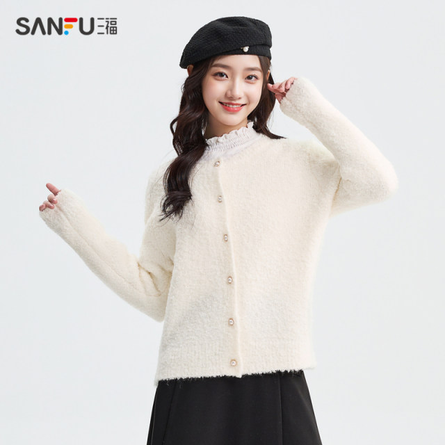 Sanfu Sweater Cardigan 2024 New Spring Round Neck Loose Little Lazy Shawl Top Women's 480435