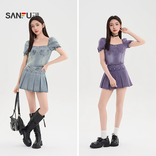 三福 Джинсовый летний комплект, модная юбка в складку, плиссированная юбка