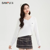 Демисезонный свитер, ретро белое термобелье, с вышивкой, V-образный вырез, свободный крой