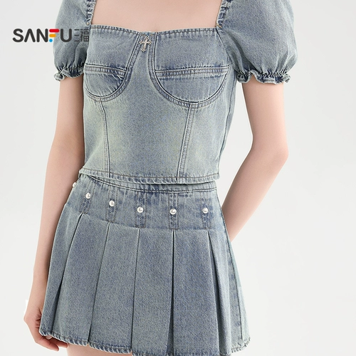 三福 Джинсовый летний комплект, модная юбка в складку, плиссированная юбка