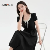 Летнее платье с коротким рукавом, кружевной приталенный черный корсет, длинная юбка, подходит для подростков