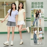 三福 Антибактериальная летняя цветная футболка, короткий рукав, V-образный вырез, подходит для подростков, круглый воротник