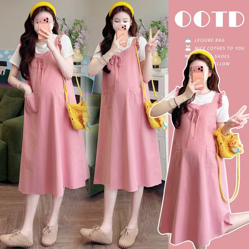 Maternity Clothing Set, Summer Pregnancy Clothes, Silver Fiber Bellyband, Fashionable Loose Mid-Length Dress for Women
