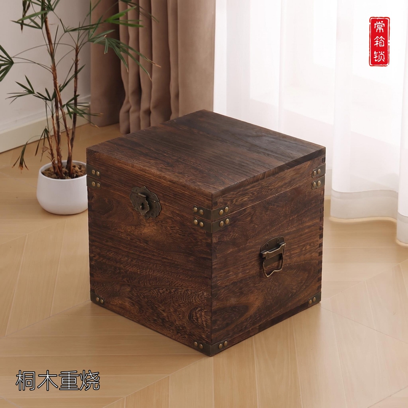 Square Tea Cake Wooden Box, Vintage Paulownia Wood Box, Storage Box, Desktop Moisture-Proof Pu'Er Tea Solid Wood Storage Box, Can Be Used as a Seat