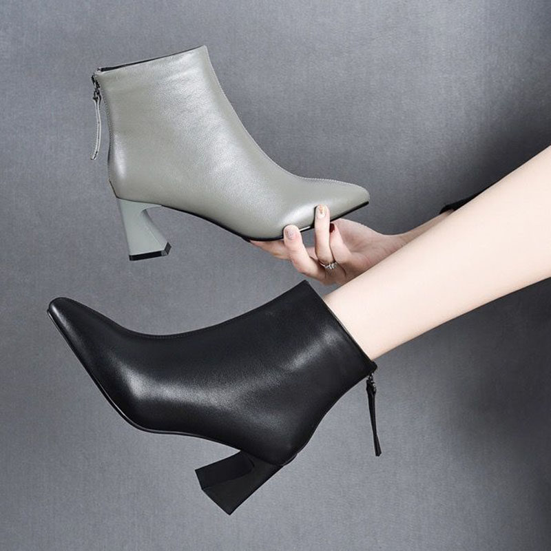 Coarse Heel Short Boots Woman High Heel Shoes Temperament Boots 2021 New Genuine Leather Women Boots Autumn Winter Soft Leather style ankle boots