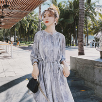 Fa-style broken floral long sleeve dress for women Summer 2022 Spring new design senses small crowd temperament to collect waist printed long dresses