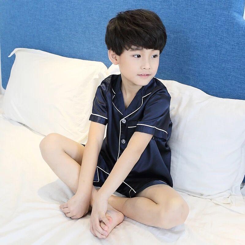 Childrens đồ ngủ bé trai mùa hè và mùa thu mỏng boy lụa thực mùa xuân và mùa thu dây băng cỡ trung bình trẻ em dài tay áo về nhà.