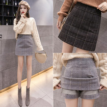 Counter plaid woolen short skirt womens autumn and winter 2020 new high waist bag hip a-line short skirt anti-walking culottes