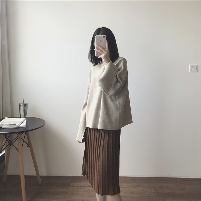 Muzi 18 mùa thu / retro màu rắn khâu xếp li đan váy váy nữ Lạc Đà / xanh / cà phê / Hải Quân / đen chân váy màu be