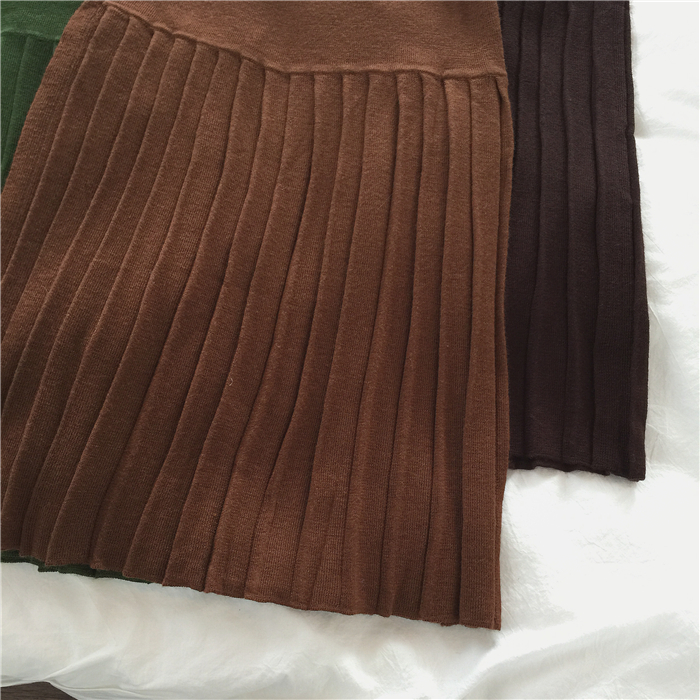 Muzi 18 mùa thu / retro màu rắn khâu xếp li đan váy váy nữ Lạc Đà / xanh / cà phê / Hải Quân / đen chân váy màu be