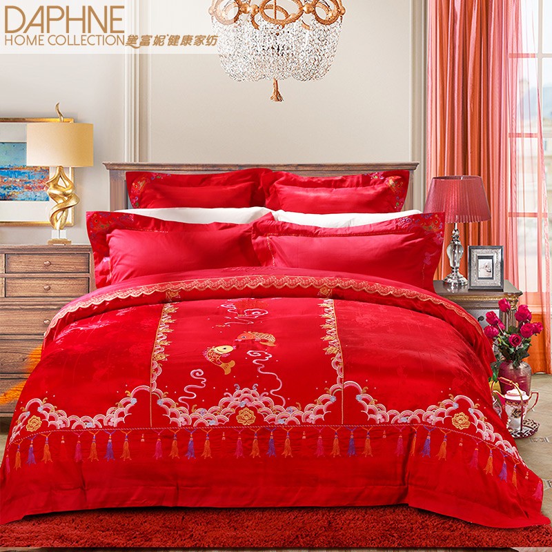 (Same style as offline counter) Daphne wedding bedding red jacquard embroidery kit bed sheet bed cover