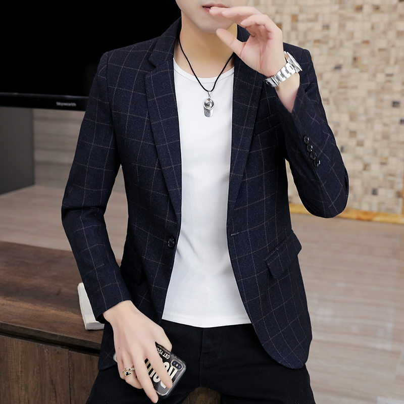 Men's Plaid Suit Set, Youth Korean Style Slim Fit Single-Breasted Jacket, New Trendy Spring Casual Small Suit