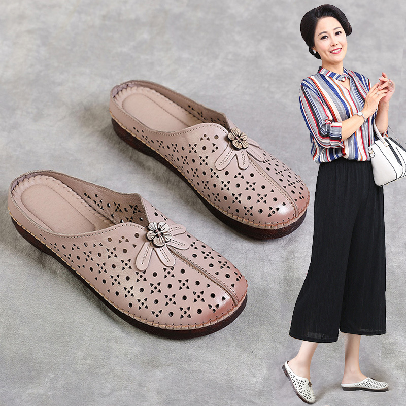 Genuine Leather Soft-Soled Closed-Toe Half-Slippers for Women, Summer Mom Shoes, 2025 New Model, Comfortable Flat Non-Slip for Middle-Aged and Elderly