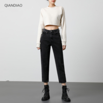 Black gray straight jeans womens 2021 new retro chic port wind high-waisted cigarette pipe nine-point pants loose and thin